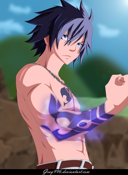 Anime picture 3404x4659 with fairy tail gray fullbuster gray996 single tall image highres short hair blue eyes black hair absurdres sky cloud (clouds) tattoo coloring magic muscle boy cross fist cross necklace
