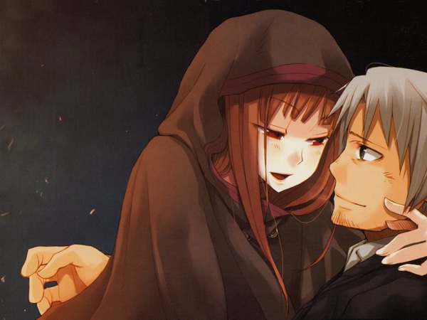 Anime picture 1600x1200 with spice and wolf horo craft lawrence ayakura juu long hair blush fringe short hair open mouth red eyes brown hair upper body profile grey hair hug dark background eye contact bristle girl boy