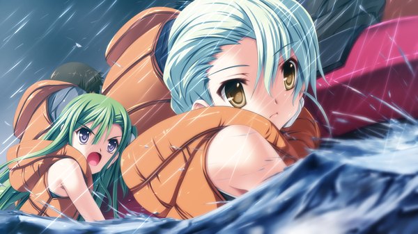 Anime picture 1280x720 with dolphin divers aqua (dolphin divers) senomoto hisashi long hair short hair open mouth wide image multiple girls yellow eyes blue hair game cg green hair black eyes girl 2 girls
