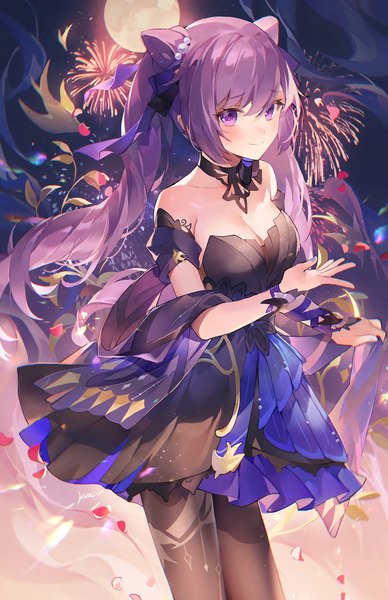 Anime picture 1349x2084 with genshin impact keqing (genshin impact) keqing (opulent splendor) (genshin impact) kocir single long hair tall image looking at viewer blush fringe breasts hair between eyes standing purple eyes twintails bare shoulders payot cleavage purple hair nail polish