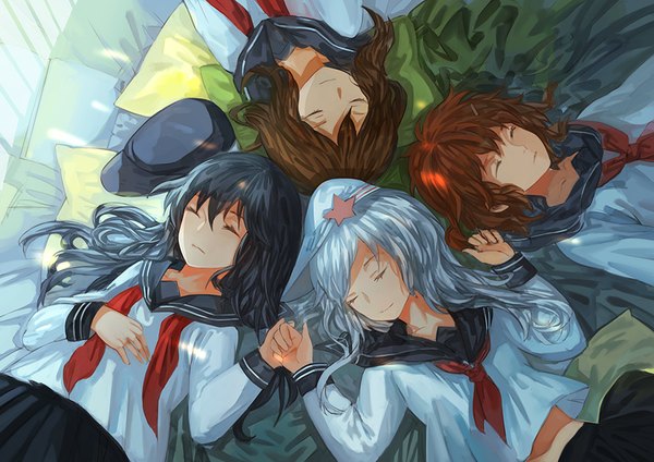 Anime picture 900x636 with kantai collection hibiki destroyer akatsuki destroyer inazuma destroyer ikazuchi destroyer cang tong long hair fringe short hair black hair brown hair multiple girls silver hair eyes closed light smile from above sunlight orange hair holding hands sleeping
