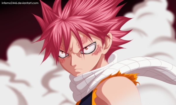Anime picture 1000x597 with fairy tail natsu dragneel inferno2446 single short hair wide image pink hair orange eyes sleeveless coloring torn clothes portrait smoke angry boy scarf