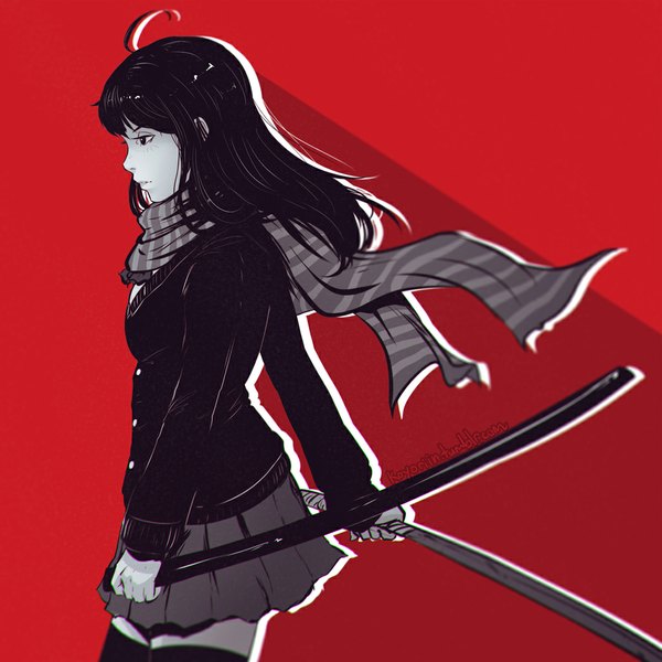 Anime picture 1024x1024 with original koyoriin single long hair black hair simple background standing holding looking away ahoge profile pleated skirt black eyes zettai ryouiki monochrome red background girl thighhighs skirt weapon