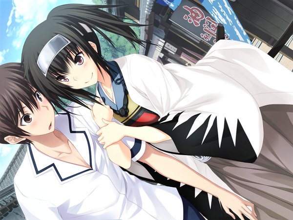 Anime picture 1600x1200 with maji de watashi ni koi shinasai! matsunaga tsubame long hair short hair black hair smile brown eyes game cg traditional clothes couple girl boy shirt hairband