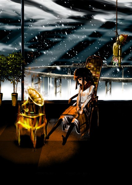 Anime picture 1427x2000 with original rery rr23 single long hair tall image black hair sitting cloud (clouds) black eyes night sky looking down girl skirt plant (plants) scarf leaf (leaves) star (stars) phonograph