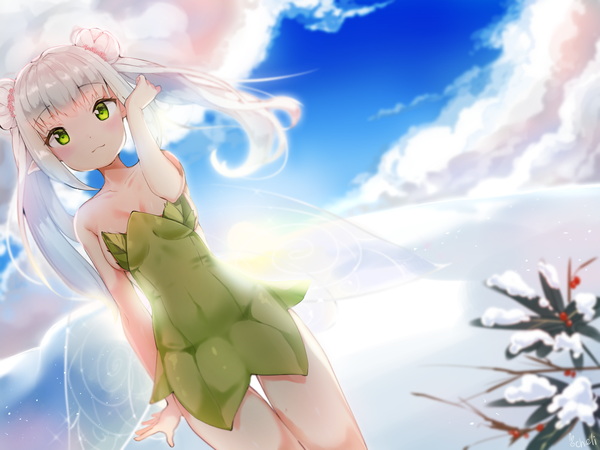 Anime picture 1200x900 with original cheli (kso1564) single long hair looking at viewer blush fringe twintails bare shoulders green eyes signed sky cloud (clouds) white hair pointy ears sunlight hair bun (hair buns) dutch angle thigh gap floating hair
