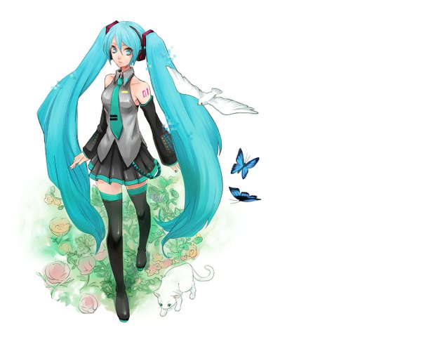 Anime picture 1280x1024 with vocaloid hatsune miku simple background white background twintails very long hair nail polish pleated skirt aqua eyes aqua hair girl flower (flowers) plant (plants) detached sleeves animal necktie headphones bird (birds) insect butterfly