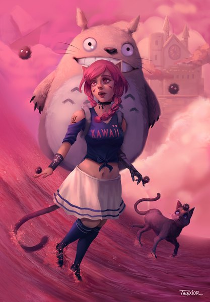 Anime picture 1390x2000 with death note spirited away tonari no totoro original madhouse studio ghibli totoro susuwatari talexior tall image signed animal ears looking away pink hair cloud (clouds) full body tail braid (braids) animal tail pink eyes