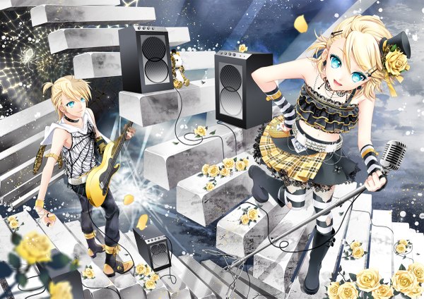 Anime picture 1200x849 with vocaloid kagamine rin kagamine len cocoon (loveririn) blonde hair aqua eyes midriff music girl thighhighs skirt flower (flowers) rose (roses) microphone guitar yellow rose