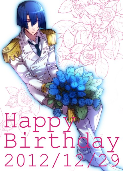 Anime picture 794x1104 with uta no prince-sama a-1 pictures hijirikawa masato porry single tall image looking at viewer short hair white background purple eyes blue hair light smile from above inscription happy birthday boy uniform flower (flowers) rose (roses) military uniform