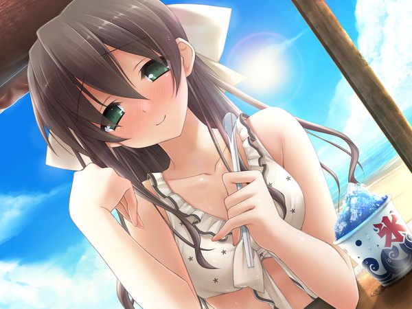 Anime picture 1600x1200 with natsu no ame itou hinako kantoku single long hair open mouth light erotic black hair smile brown hair green eyes game cg sky cloud (clouds) eyes closed beach girl hair ornament bow swimsuit