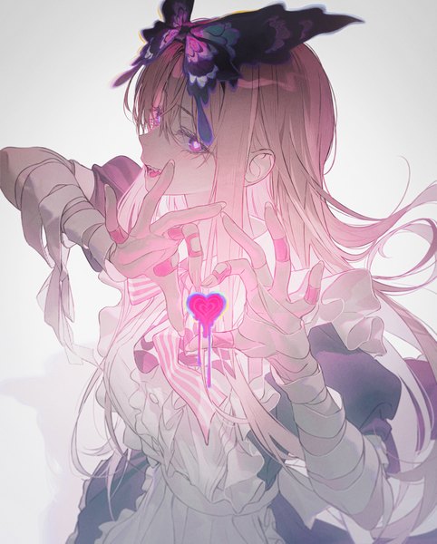 Anime picture 790x983 with grimlight alice (grimlight) wanke single long hair tall image looking at viewer fringe open mouth simple background blonde hair hair between eyes upper body :d pink eyes grey background symbol-shaped pupils heart-shaped pupils heart hands bandaid on hand