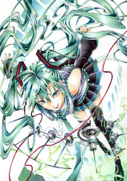 Anime picture 1530x2168 with vocaloid hatsune miku long hair tall image looking at viewer open mouth blue eyes smile twintails bare shoulders blue hair nail polish pleated skirt girl skirt uniform detached sleeves necktie