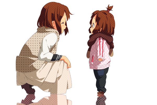 Anime picture 3000x2000 with k-on! kyoto animation hirasawa yui minakami kanami (artist) blush highres short hair open mouth simple background smile brown hair white background sitting brown eyes absurdres ponytail eyes closed reflection dual persona time paradox
