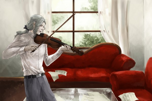 Anime picture 1440x961 with tiger & bunny sunrise (studio) yuri petrov email555 (artist) single long hair ponytail grey hair pale skin boy bow window curtains couch musical instrument violin bow (instrument) sheet music