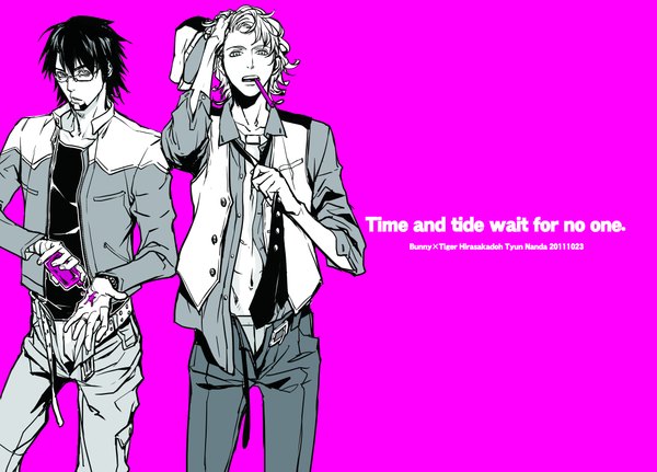 Anime picture 2161x1555 with tiger & bunny sunrise (studio) kaburagi t. kotetsu barnaby brooks jr. hirasakadoh highres short hair open mouth light erotic black hair simple background white hair inscription open clothes multiple boys grey eyes open shirt mouth hold monochrome pink background