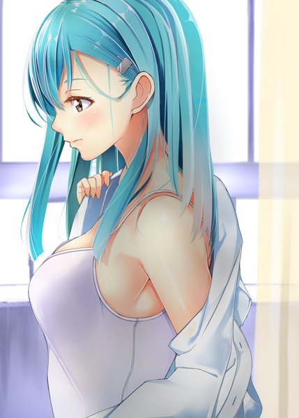 Anime picture 2512x3512 with kantai collection suzuya heavy cruiser byte (allbyte) single long hair tall image blush highres breasts brown eyes looking away profile aqua hair undressing girl hair ornament window hairclip tank top