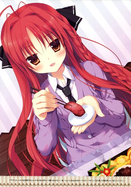 Anime picture 2323x3300 with miyasaka miyu single long hair tall image blush highres open mouth brown eyes red hair braid (braids) scan dutch angle girl bow hair bow food sweater meat