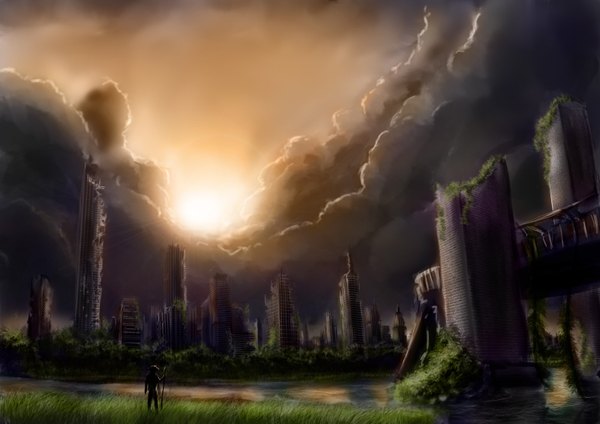 Anime picture 1600x1131 with original alecyl (artist) sky cloud (clouds) city cityscape ruins post-apocalyptic overgrown building (buildings) sun