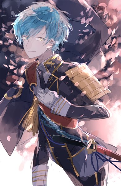 Anime picture 650x1000 with touken ranbu nitroplus ichigo hitofuri aki mitsu single tall image looking at viewer fringe short hair smile yellow eyes blue hair hand on chest sheathed military boy gloves uniform weapon shirt