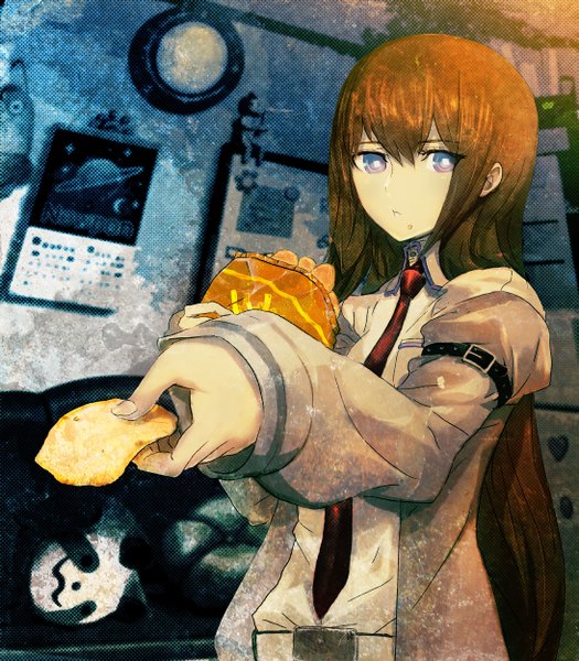 Anime picture 2187x2500 with steins;gate white fox makise kurisu long hair tall image highres blue eyes brown hair girl necktie belt chips