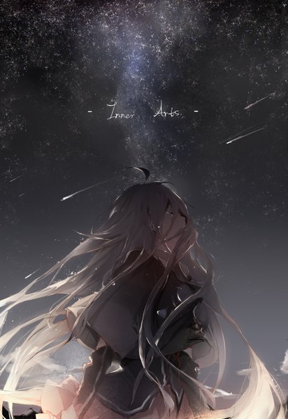 Anime picture 2031x2952 with vocaloid ia (vocaloid) yarily single long hair tall image highres standing cloud (clouds) ahoge white hair eyes closed profile pleated skirt night night sky tears spread arms constellation milky way