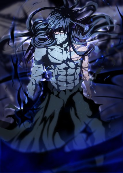 Anime picture 1280x1800 with bleach studio pierrot kurosaki ichigo klnothincomin (artist) single long hair tall image fringe black hair white hair hair over one eye tattoo dark background muscle boy bandage (bandages)