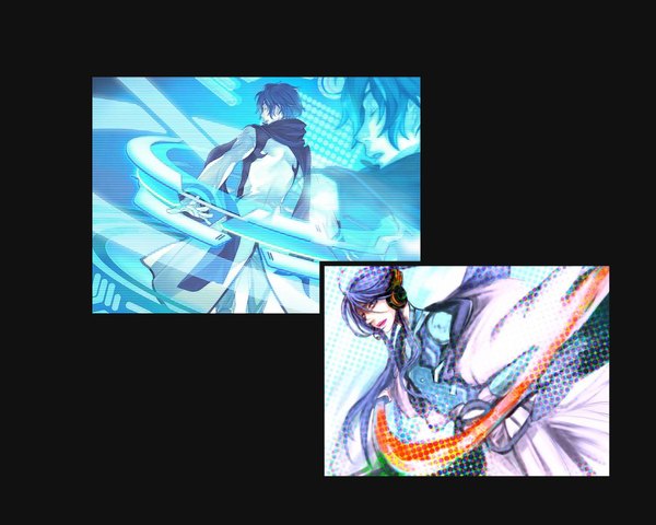 Anime picture 1200x960 with vocaloid kaito (vocaloid) kamui gakupo long hair short hair blue hair purple hair eyes closed japanese clothes looking back from behind multiview boy sword kimono headphones scarf katana cloak