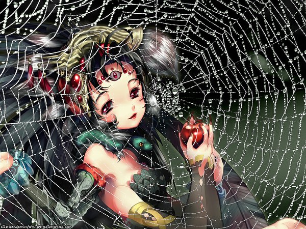 Anime picture 1024x768 with original kaze-hime single long hair black hair red eyes bare shoulders fingernails long fingernails girl hair ornament detached sleeves animal jewelry fruit apple snake hands spider web