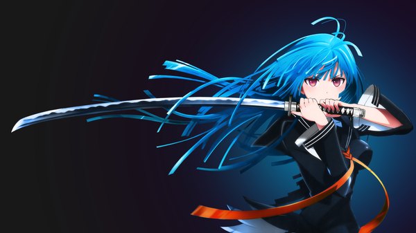 イラスト 1920x1080 と ブラック・ブレット kinema citrus 天童木更 assassinwarrior azizkeybackspace ソロ 長髪 カメラ目線 前髪 highres おっぱい 赤い目 wide image holding 青い髪 serious 女の子 制服 リボン 武器