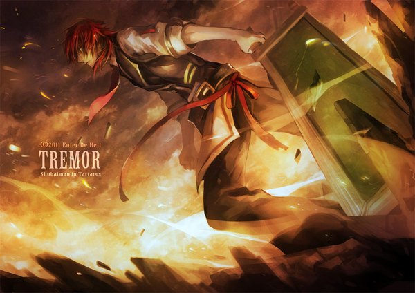 Anime picture 1157x818 with tartaros online enferdehell single short hair yellow eyes red hair profile inscription text english boy ribbon (ribbons) weapon sword belt pants huge weapon