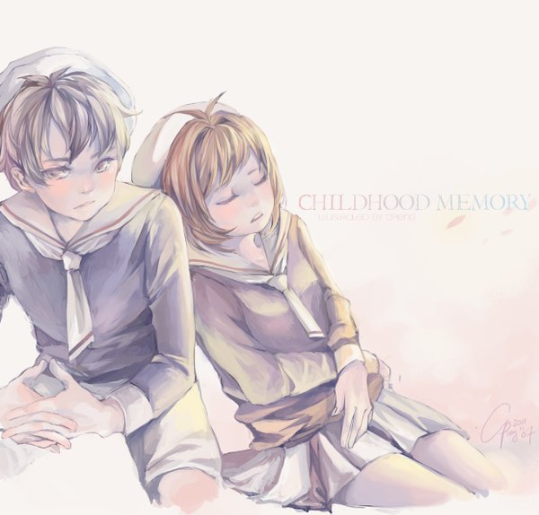 Anime picture 2480x2375 with card captor sakura clamp kinomoto sakura li xiaolang cp .ieng blush highres short hair open mouth simple background brown hair white background signed yellow eyes eyes closed inscription couple sleeping girl boy