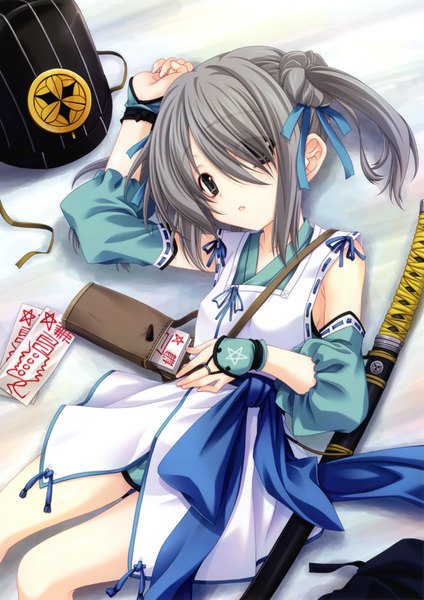 Anime picture 2872x4060 with oda nobuna no yabou takenaka hanbei (oda nobuna no yabou) miyama zero single tall image highres short hair twintails traditional clothes japanese clothes grey hair grey eyes loli short twintails girl ribbon (ribbons) weapon hair ribbon detached sleeves sword