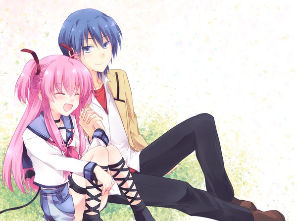 Anime picture 1200x892 with angel beats! key (studio) yui (angel beats!) hinata hideki kousetsu long hair blush short hair open mouth blue eyes blue hair pink hair eyes closed two side up couple girl boy skirt uniform school uniform