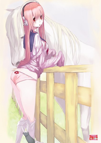 Anime picture 1025x1449 with nitroplus super sonico tandemu single long hair tall image looking at viewer blush fringe breasts open mouth light erotic hair between eyes red eyes standing pink hair off shoulder bare legs sleeves past wrists sailor collar