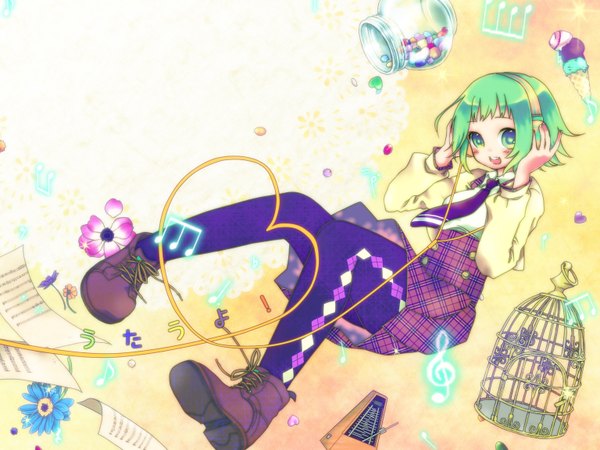 Anime picture 1536x1152 with vocaloid gumi mona (artist) single blush short hair open mouth green eyes green hair rhombus heart of string music girl flower (flowers) pantyhose necktie food boots heart sweets