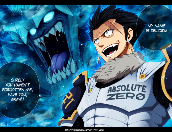 Anime picture 1299x1000 with fairy tail silver (fairy tail) belucen short hair open mouth black hair smile teeth coloring scar sharp teeth manga blank eyes boy earrings armor fur cross speech bubble monster