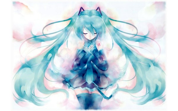 Anime picture 1024x640 with vocaloid hatsune miku tagme (artist) long hair blush wide image twintails eyes closed aqua hair girl thighhighs skirt black thighhighs detached sleeves necktie