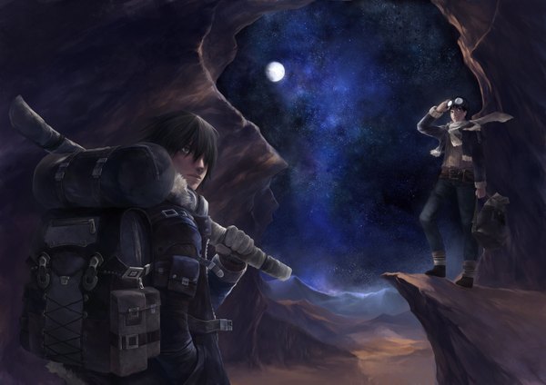 Anime picture 1500x1061 with daomu (grave robbery note) kimaku (artist) fringe short hair black hair smile black eyes hair over one eye night night sky mountain boy gloves weapon glasses scarf moon star (stars) bag jeans