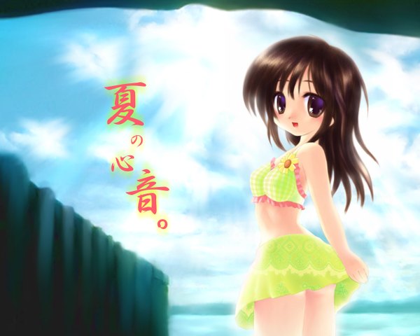 Anime picture 1280x1024 with tagme (copyright) tagme (character) tagme (artist) single long hair looking at viewer fringe open mouth brown hair standing bare shoulders brown eyes sky cloud (clouds) outdoors sunlight inscription happy girl skirt
