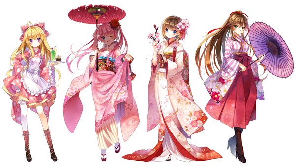 Anime picture 1920x1080 with original jiji (381134808) long hair blush highres short hair blue eyes simple background blonde hair brown hair wide image white background purple eyes twintails multiple girls green eyes pink hair ponytail traditional clothes japanese clothes