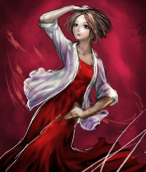 Anime picture 1700x2000 with original cherokee single tall image short hair simple background brown hair brown eyes girl dress