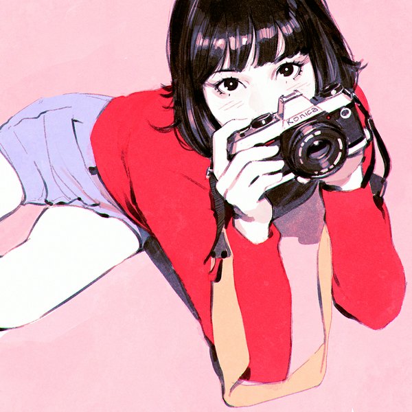 Anime picture 1080x1080 with original ilya kuvshinov single looking at viewer blush fringe short hair black hair simple background holding from above black eyes arm support shadow turning head pink background reclining covered mouth white skin product placement