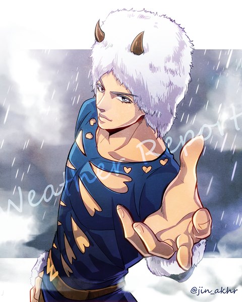 Anime picture 680x850 with jojo no kimyou na bouken weather report holiday-jin single tall image smile signed horn (horns) from above grey eyes character names hand on hip outstretched arm rain boy cap