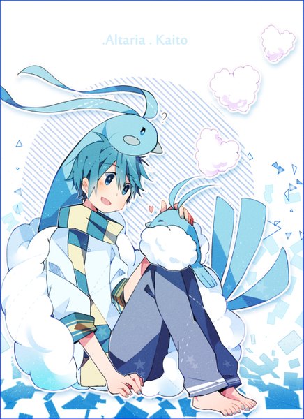 Anime picture 1000x1375 with pokemon vocaloid kaito (vocaloid) altaria swablu fuuko (2679566944) single tall image blush short hair open mouth blue eyes sitting blue hair nail polish barefoot character names looking down crossover gen 3 pokemon