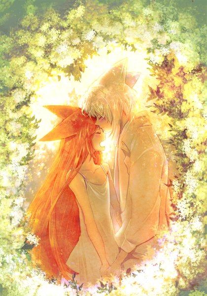Anime picture 900x1286 with original kissai long hair tall image blush fringe short hair bare shoulders animal ears white hair tail eyes closed traditional clothes animal tail orange hair embarrassed fox ears holding hands fox tail fox girl
