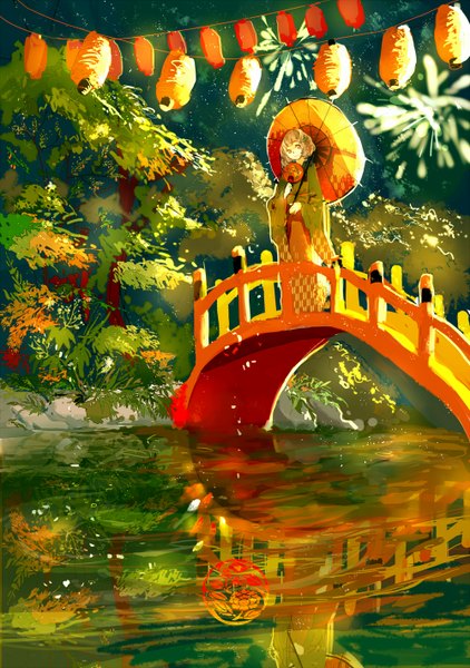 Anime picture 1000x1420 with ao no exorcist a-1 pictures moriyama shiemi alichia single tall image short hair blonde hair smile standing yellow eyes traditional clothes japanese clothes night night sky reflection river fireworks tanabata girl