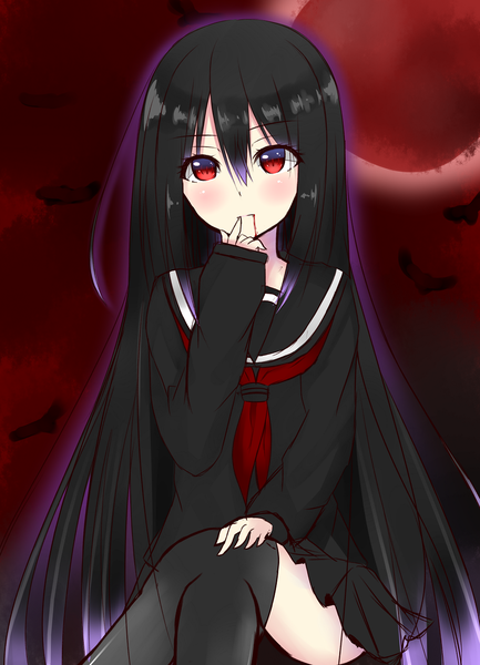 Anime picture 1000x1384 with original hiiragi natume single long hair tall image looking at viewer blush black hair red eyes finger to mouth red background red moon girl thighhighs black thighhighs serafuku blood
