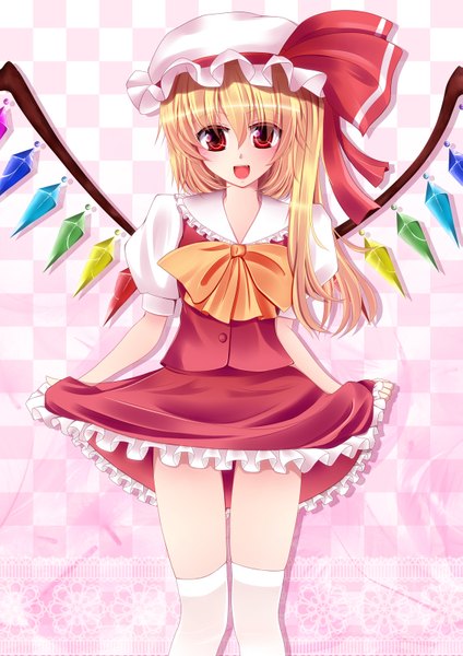 Anime picture 1131x1600 with touhou flandre scarlet fule single long hair tall image open mouth blonde hair red eyes white background one side up girl thighhighs skirt wings skirt set crystal