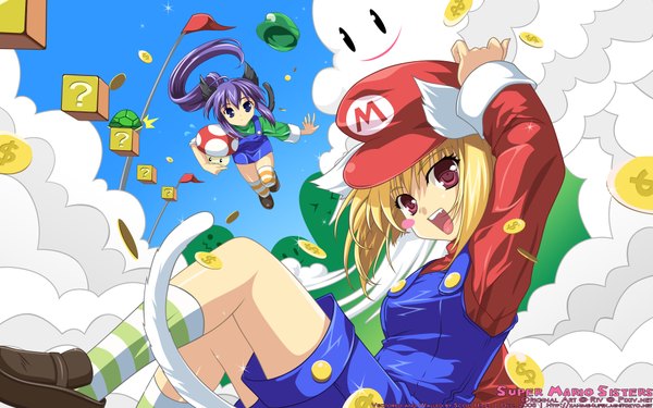 Anime picture 1920x1200 with super mario bros. long hair blush highres short hair blonde hair smile red eyes wide image animal ears sky purple hair ponytail tail cat girl girl thighhighs hat knee socks overalls